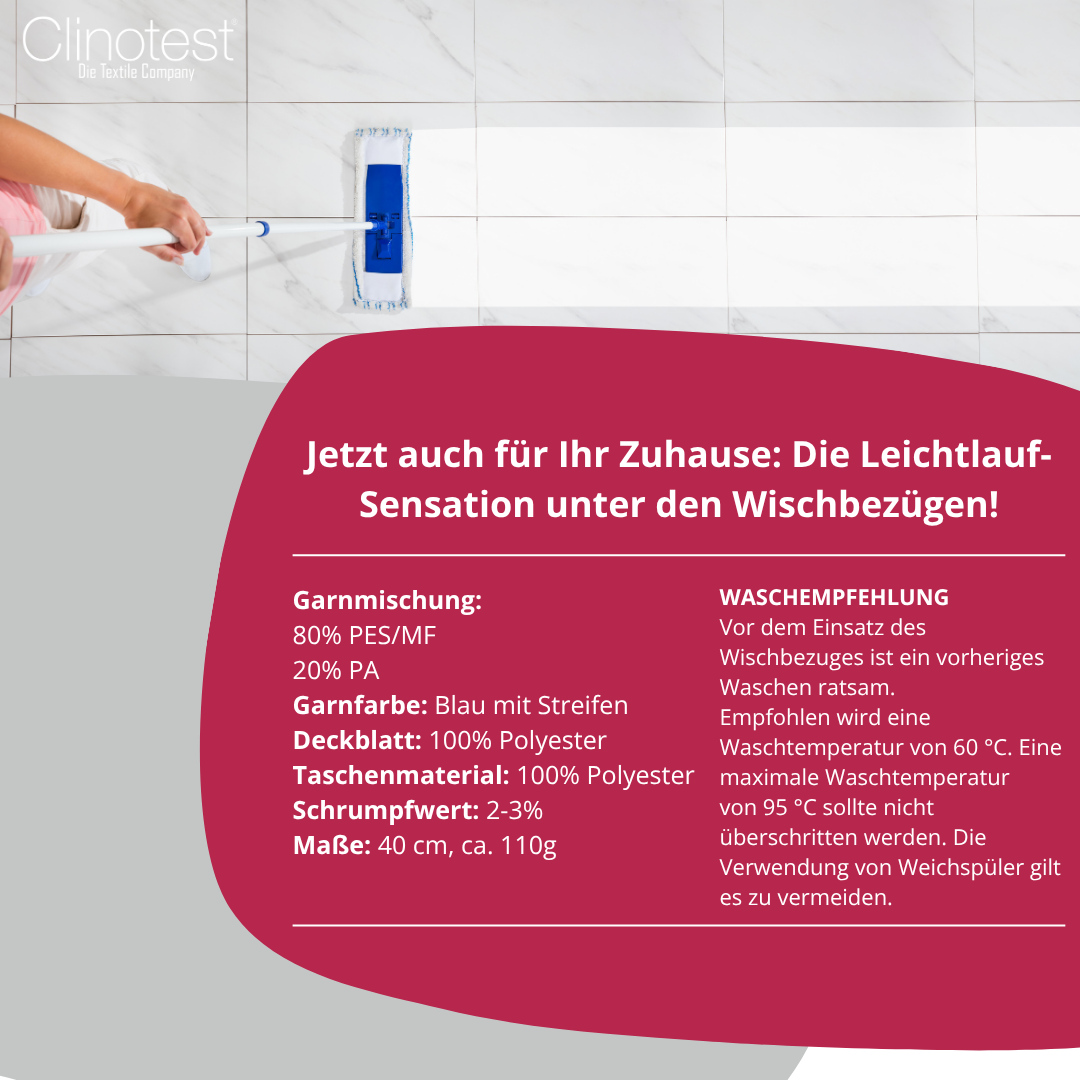 Clinotest Wischmopp, "Runner Blue DB-FC 2.0" Wischbezug, 40 cm