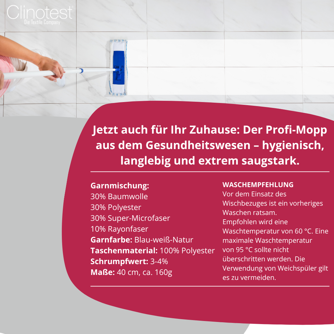Clinotest Wischmopp, "Hospital Hygiene" Wischbezug, 40 cm